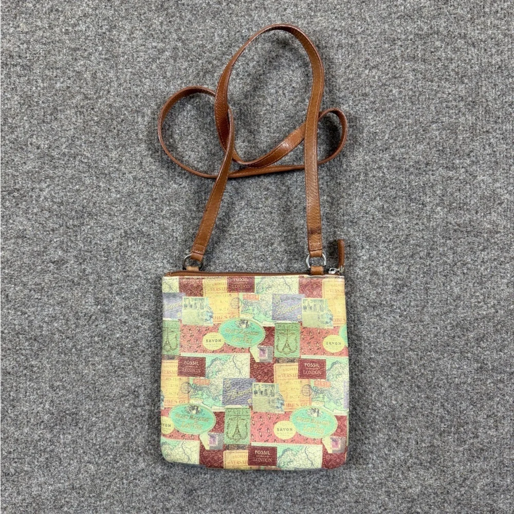 Vintage‎ Fossil London Travel Stamps Leather Crossbody Bag Wallet Front Pocket